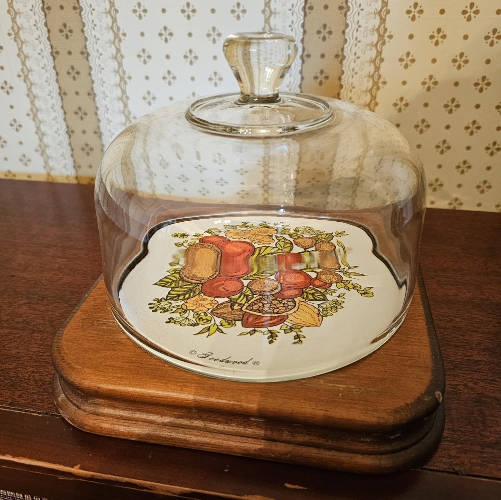 Vintage Goodwood glass dome with teak base cheese serving cloche.